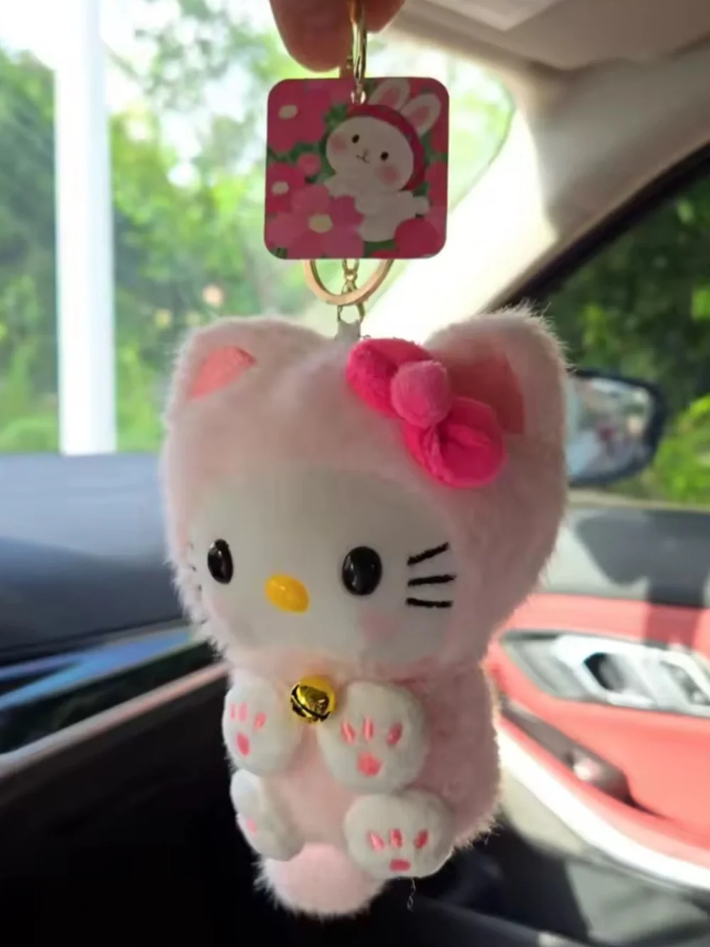Cute Pink Plush Cat Bag Charm Keychain with Bell